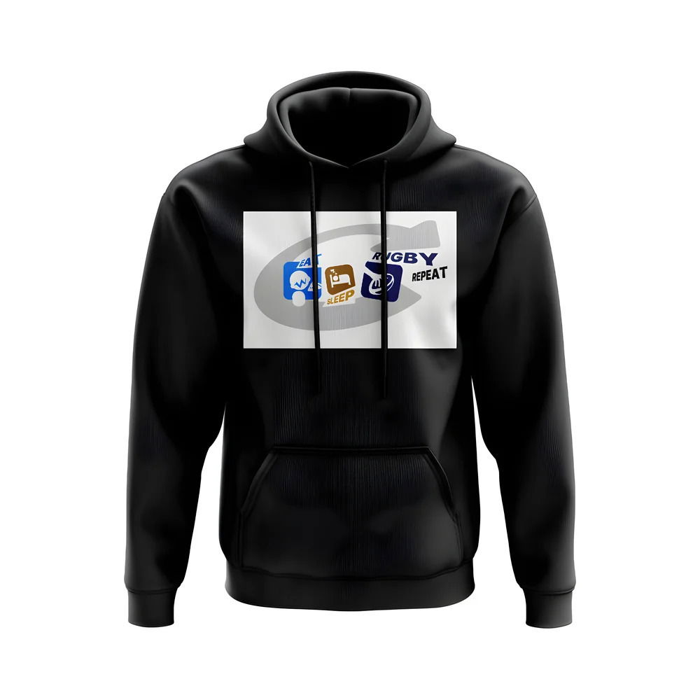 Eat, Sleep, Rugby Repeat Hoody - Version 12 (Black/White)