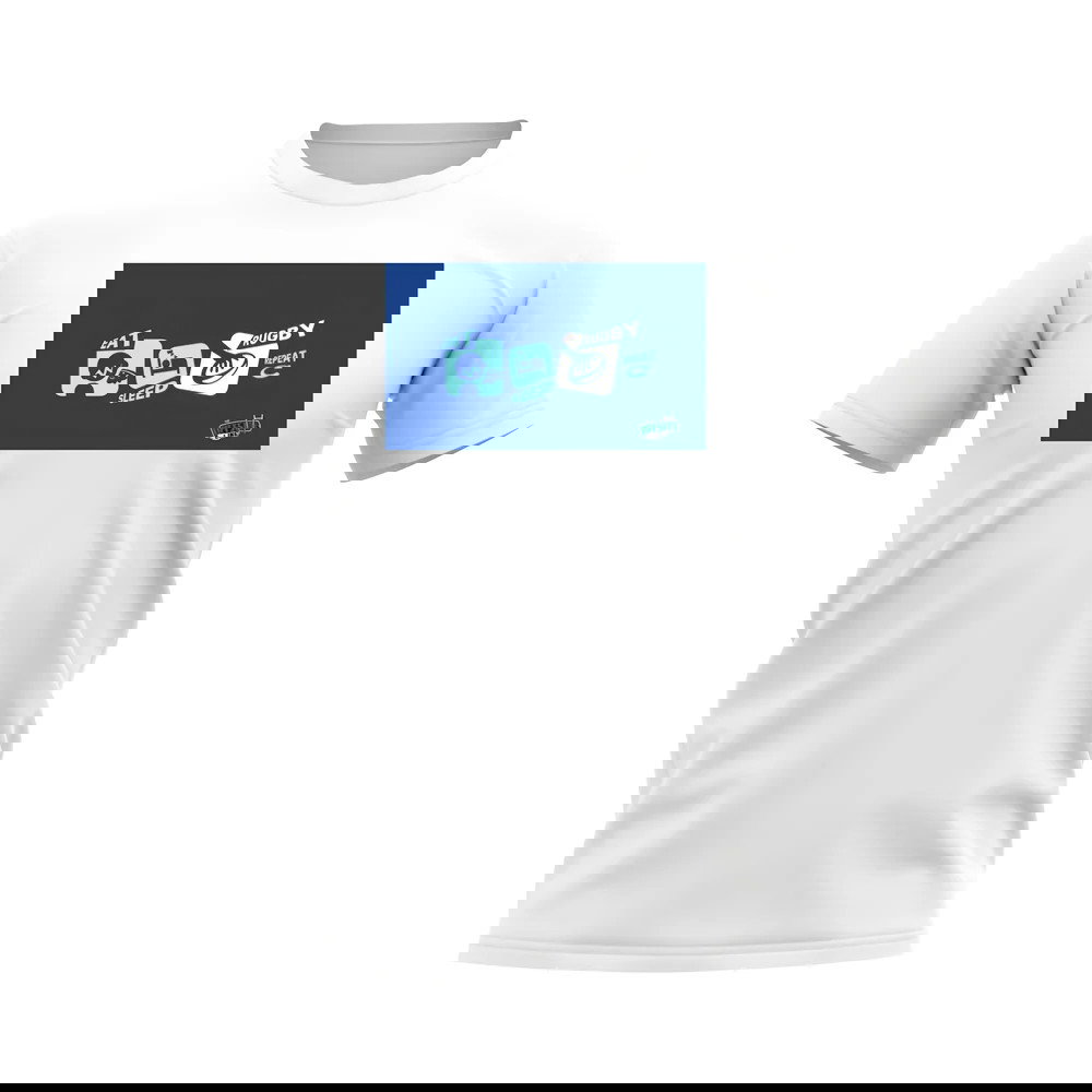 Eat, Sleep, Rugby Repeat T-Shirt - Version 9 (White/Blue)