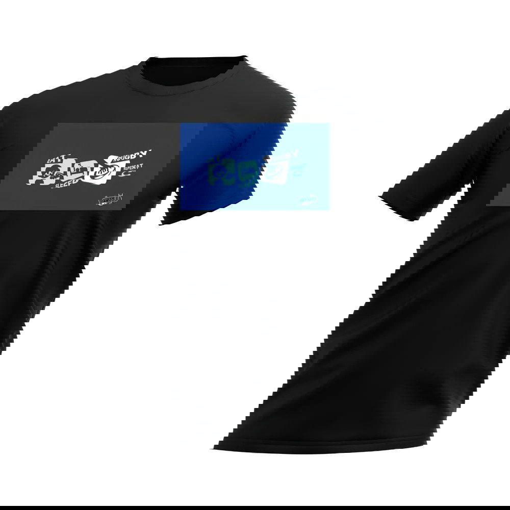 Eat, Sleep, Rugby Repeat T-Shirt - Version 9 (Black/Blue)