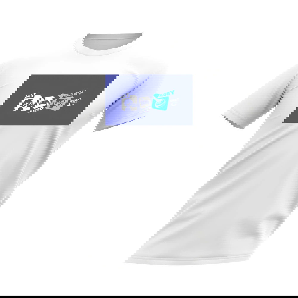 Eat, Sleep, Rugby Repeat T-Shirt - Version 10 (White/Blue)