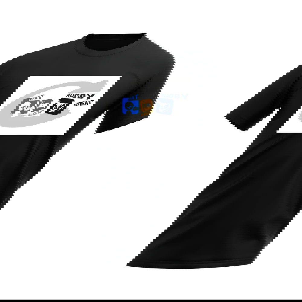 Eat, Sleep, Rugby Repeat T-Shirt - Version 12 (Black/White)