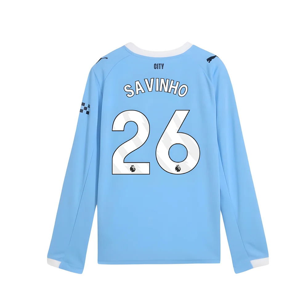 2025-2026 Man City Long Sleeve Home Shirt (Kids) (Savinho 26)