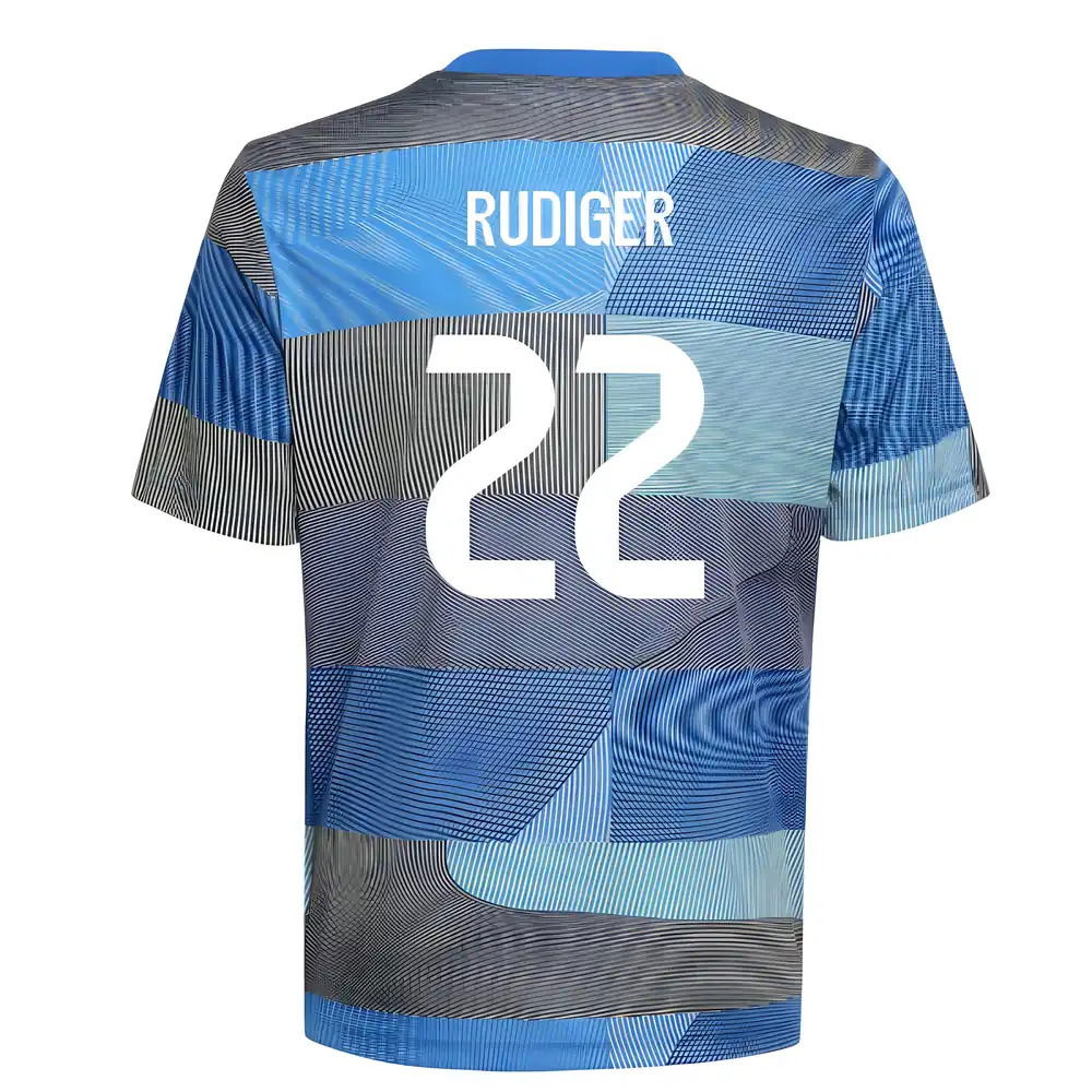2025-2026 Real Madrid Pre-Match Shirt (Blue) - Kids (Rudiger 22)