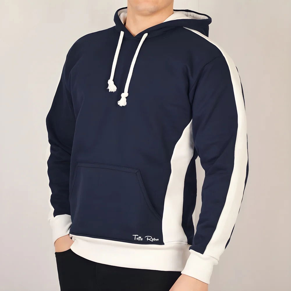 Toffs Retro Navy Hoodie White sleeve panels.