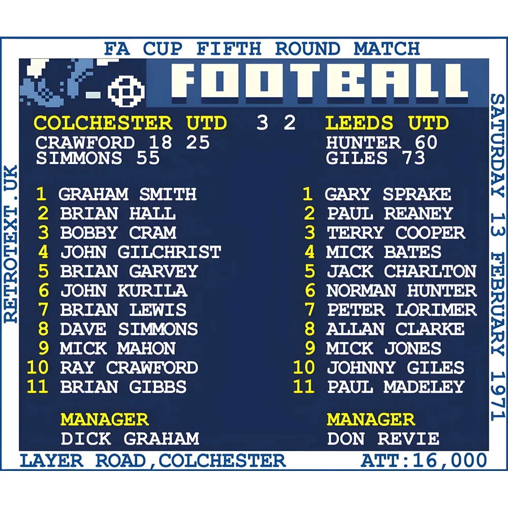 1971 Colchester Utd v Leeds (Colchester) Retrotext T-Shirt £25.00