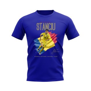 Nicolae Stanciu Flag and Player Romania T-Shirt (Blue)