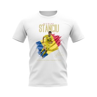 Nicolae Stanciu Flag and Player Romania T-Shirt (White)