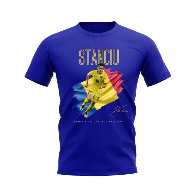 Nicolae Stanciu Flag and Player Romania T-Shirt (Blue)
