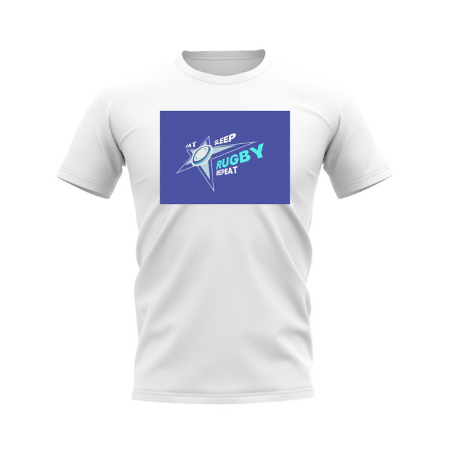 Eat, Sleep, Rugby Repeat T-Shirt - Version 8 (White/Blue)