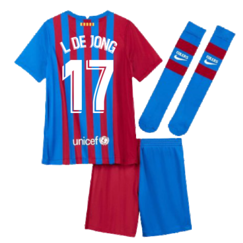 2021-2022 Barcelona Little Boys Home Kit (L DE JONG 17)