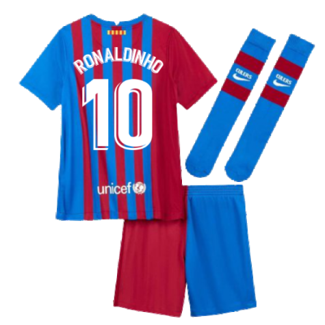 2021-2022 Barcelona Little Boys Home Kit (RONALDINHO 10)