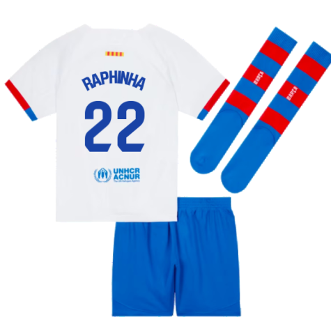 2023-2024 Barcelona Away Little Boys Mini Kit (Raphinha 22)