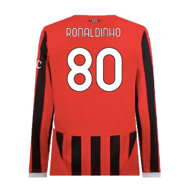 2024-2025 AC Milan Home Long Sleeve Shirt (Ronaldinho 80)