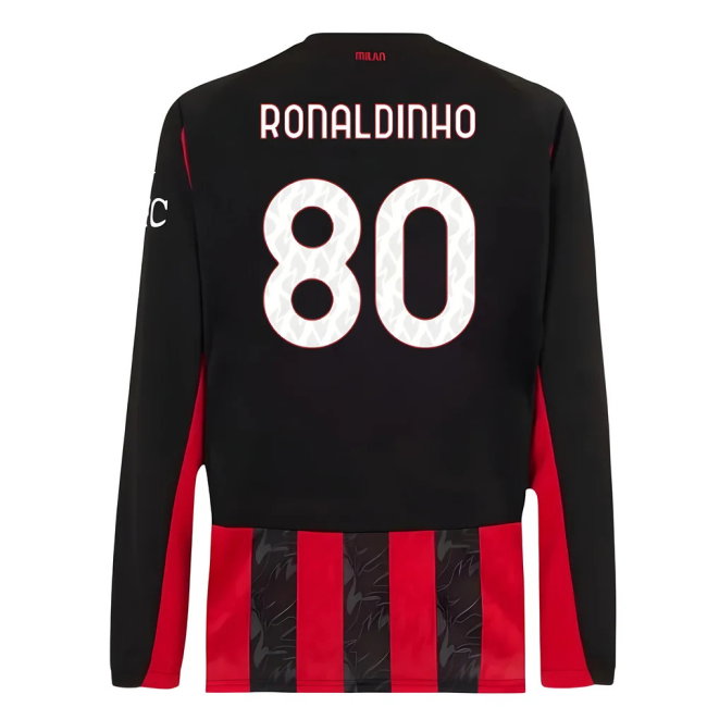 2025-2026 AC Milan Long Sleeve Home Shirt (Ronaldinho 80)