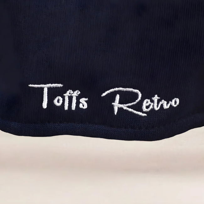 Toffs Retro Navy Hoodie White sleeve panels.
