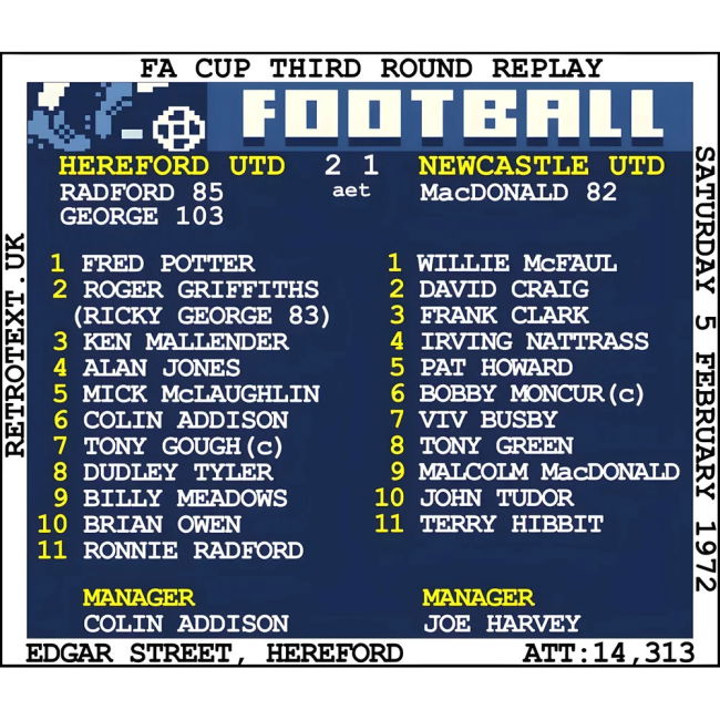 1972 Hereford Utd v Newcastle United (Hereford) Retrotext T-Shirt - White
