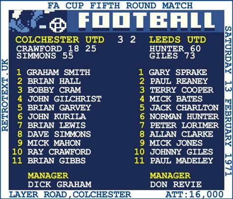 1971 Colchester Utd v Leeds (Colchester) Retrotext T-Shirt £25.00