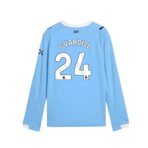 2025-2026 Man City Long Sleeve Home Shirt (Kids) (Gvardiol 24)