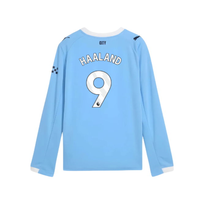 2025-2026 Man City Long Sleeve Home Shirt (Kids) (Haaland 9)