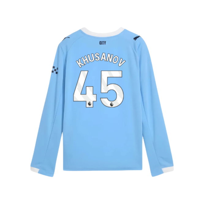 2025-2026 Man City Long Sleeve Home Shirt (Kids) (Khusanov 45)