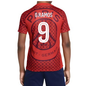 2025-2026 PSG Academy Pro Away Pre Match Shirt (Red) - Kids (G.Ramos 9)