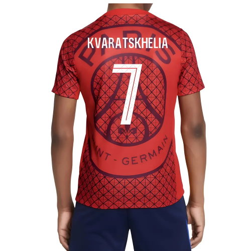 2025-2026 PSG Academy Pro Away Pre Match Shirt (Red) - Kids (Kvaratskhelia 7)