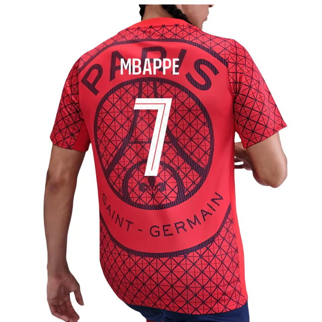 2025-2026 PSG Academy Pro Away Pre Match Shirt (Red) (Mbappe 7)