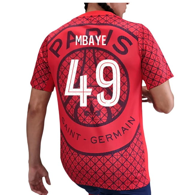 2025-2026 PSG Academy Pro Away Pre Match Shirt (Red) (Mbaye 49)