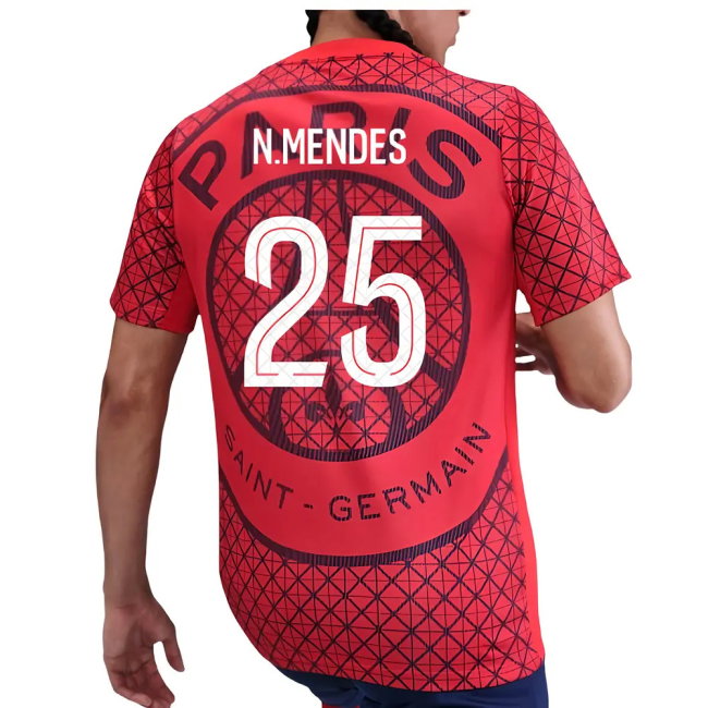 2025-2026 PSG Academy Pro Away Pre Match Shirt (Red) (N.Mendes 25)