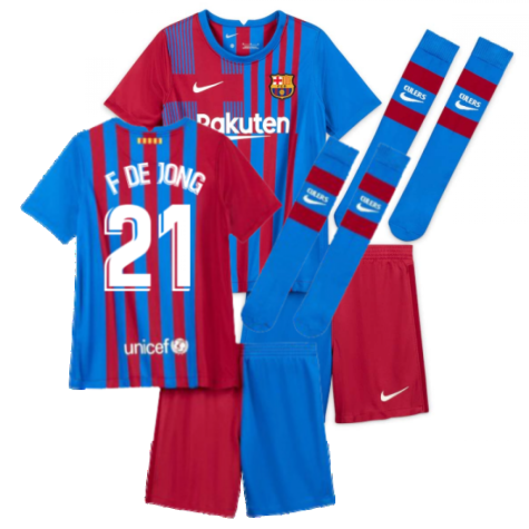 2021-2022 Barcelona Little Boys Home Kit (F DE JONG 21)