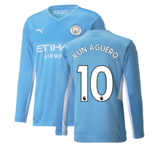 2021-2022 Man City Long Sleeve Home Shirt (Kids) (KUN AGUERO 10)