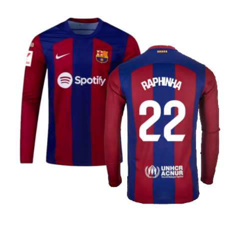 2023-2024 Barcelona Home Long Sleeve Shirt (Raphinha 22)