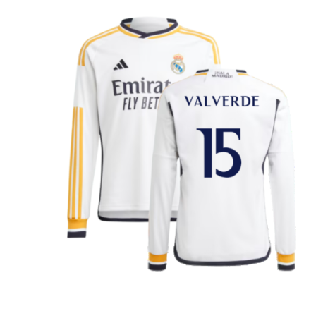2023-2024 Real Madrid Long Sleeve Home Shirt (Kids) (Valverde 15)