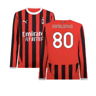 2024-2025 AC Milan Home Long Sleeve Shirt (Ronaldinho 80)
