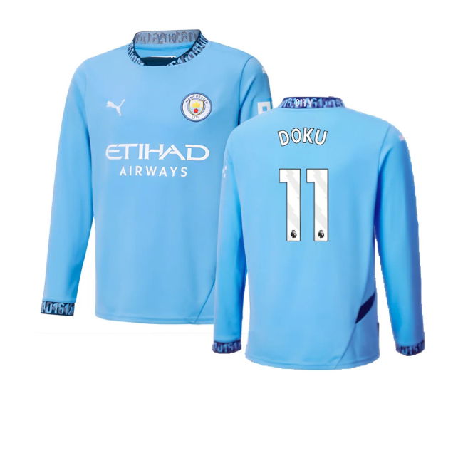 2024-2025 Man City Home Long Sleeve Shirt (Kids) (Doku 11)