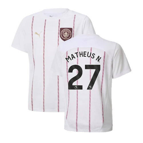 2024-2025 Man City Prematch SS Jersey (White) - Kids (Matheus N. 27)