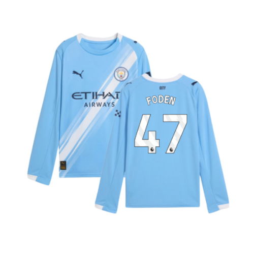 2025-2026 Man City Long Sleeve Home Shirt (Kids) (Foden 47)