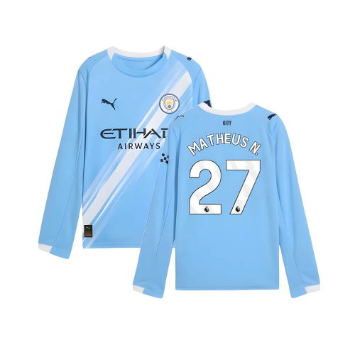 2025-2026 Man City Long Sleeve Home Shirt (Kids) (Matheus N. 27)