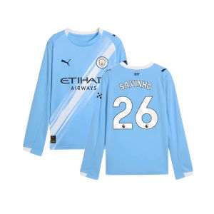 2025-2026 Man City Long Sleeve Home Shirt (Kids) (Savinho 26)