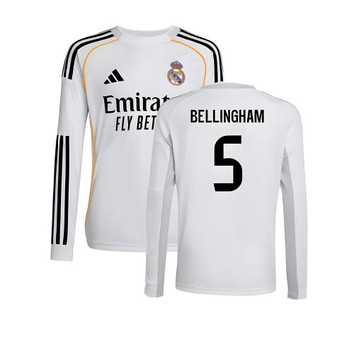 2025-2026 Real Madrid Long Sleeve Home Shirt (Kids) (Bellingham 5)