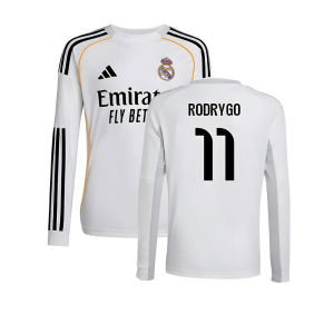 2025-2026 Real Madrid Long Sleeve Home Shirt (Kids) (Rodrygo 11)