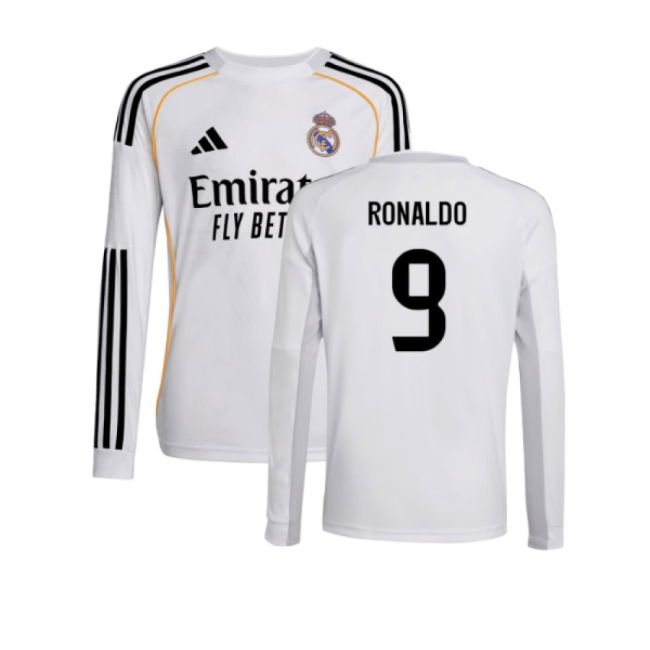 2025-2026 Real Madrid Long Sleeve Home Shirt (Kids) (Ronaldo 9)