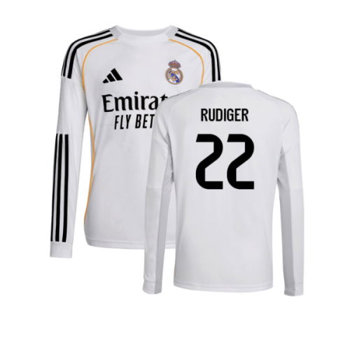 2025-2026 Real Madrid Long Sleeve Home Shirt (Kids) (Rudiger 22)