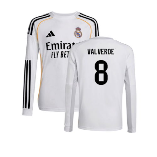 2025-2026 Real Madrid Long Sleeve Home Shirt (Kids) (Valverde 8)