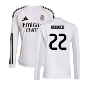 2025-2026 Real Madrid Long Sleeve Home Shirt (Rudiger 22)