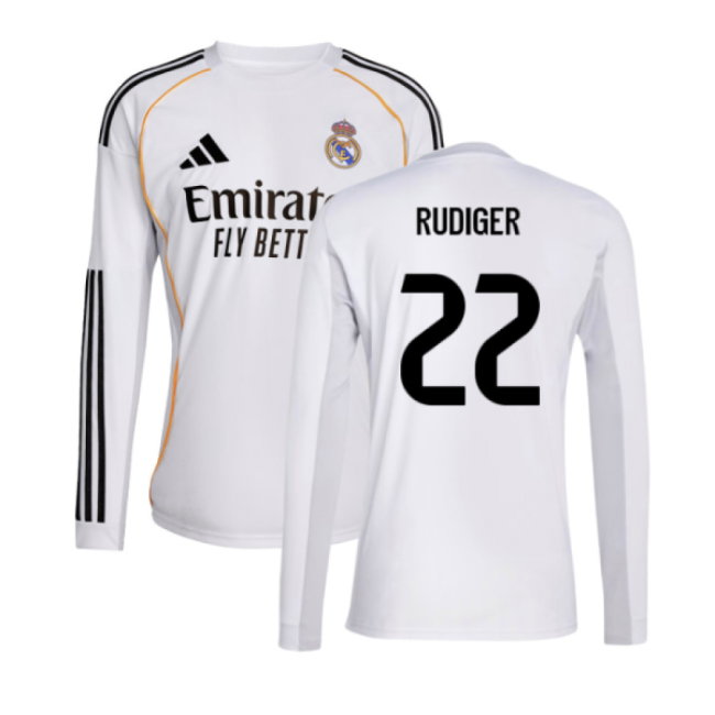 2025-2026 Real Madrid Long Sleeve Home Shirt (Rudiger 22)