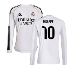 2025-2026 Real Madrid Long Sleeve Home Shirt (Mbappe 10)