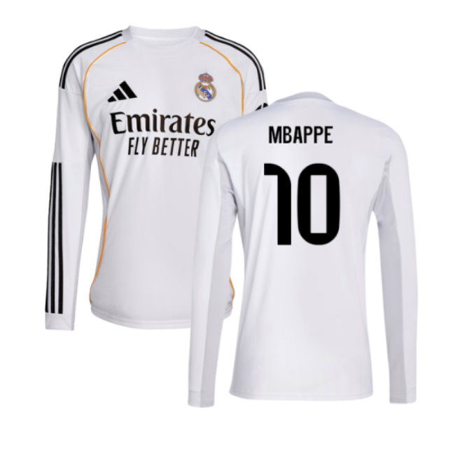 2025-2026 Real Madrid Long Sleeve Home Shirt (Mbappe 10)