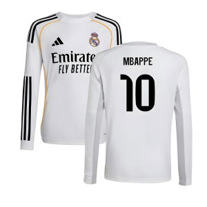 2025-2026 Real Madrid Long Sleeve Home Shirt (Kids) (Mbappe 10)