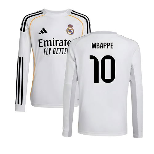2025-2026 Real Madrid Long Sleeve Home Shirt (Kids) (Mbappe 10)
